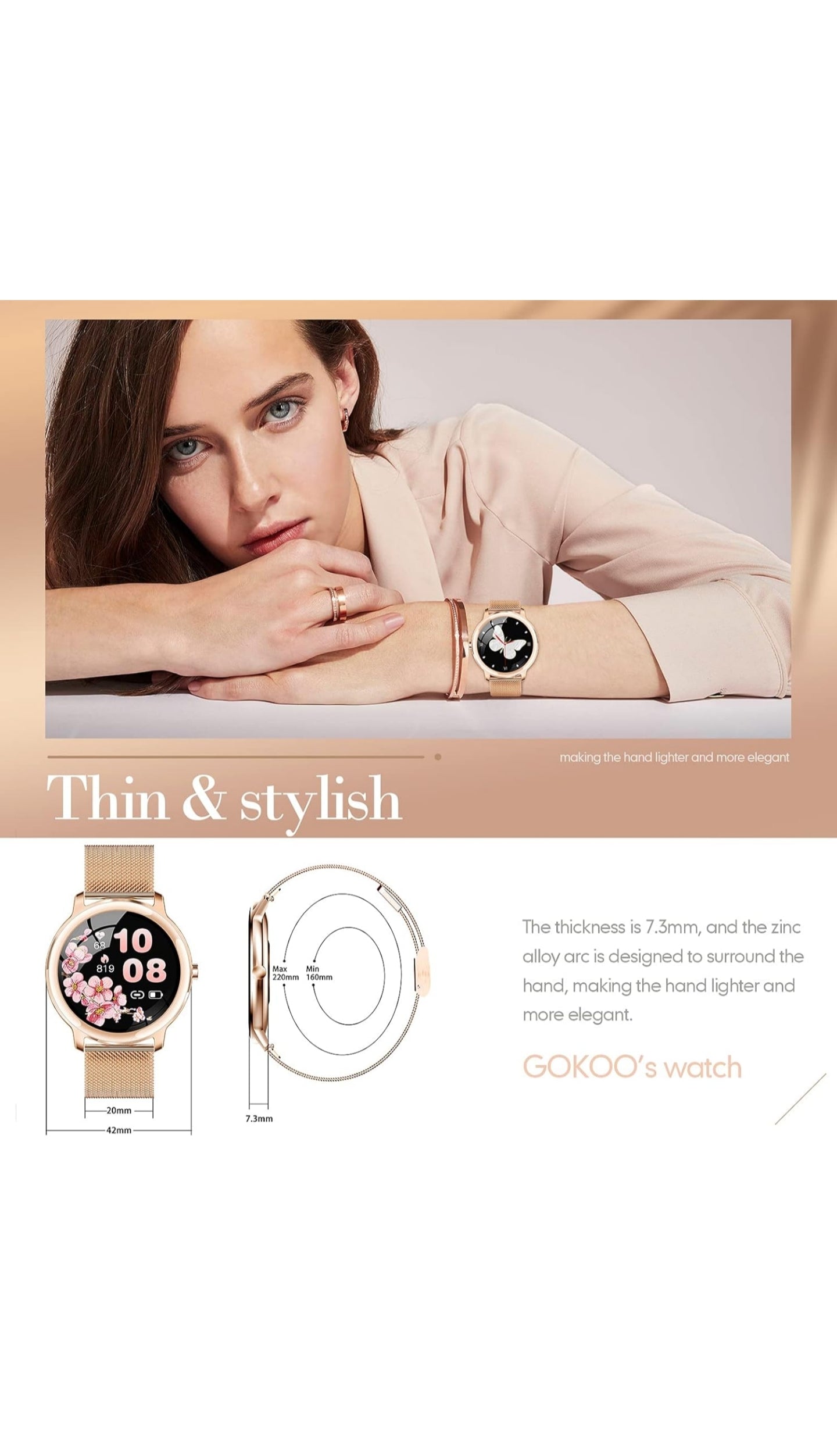 GOKOO Smartwatch Damen Golden IP67 wasserabweisend Fitness Tracker Smart Watch Frauen Elegant Sportuhr mit Pulsmesser Fitness Armbanduhr Schlafmonitor Kalorien Fitnessuhr für Android iOS