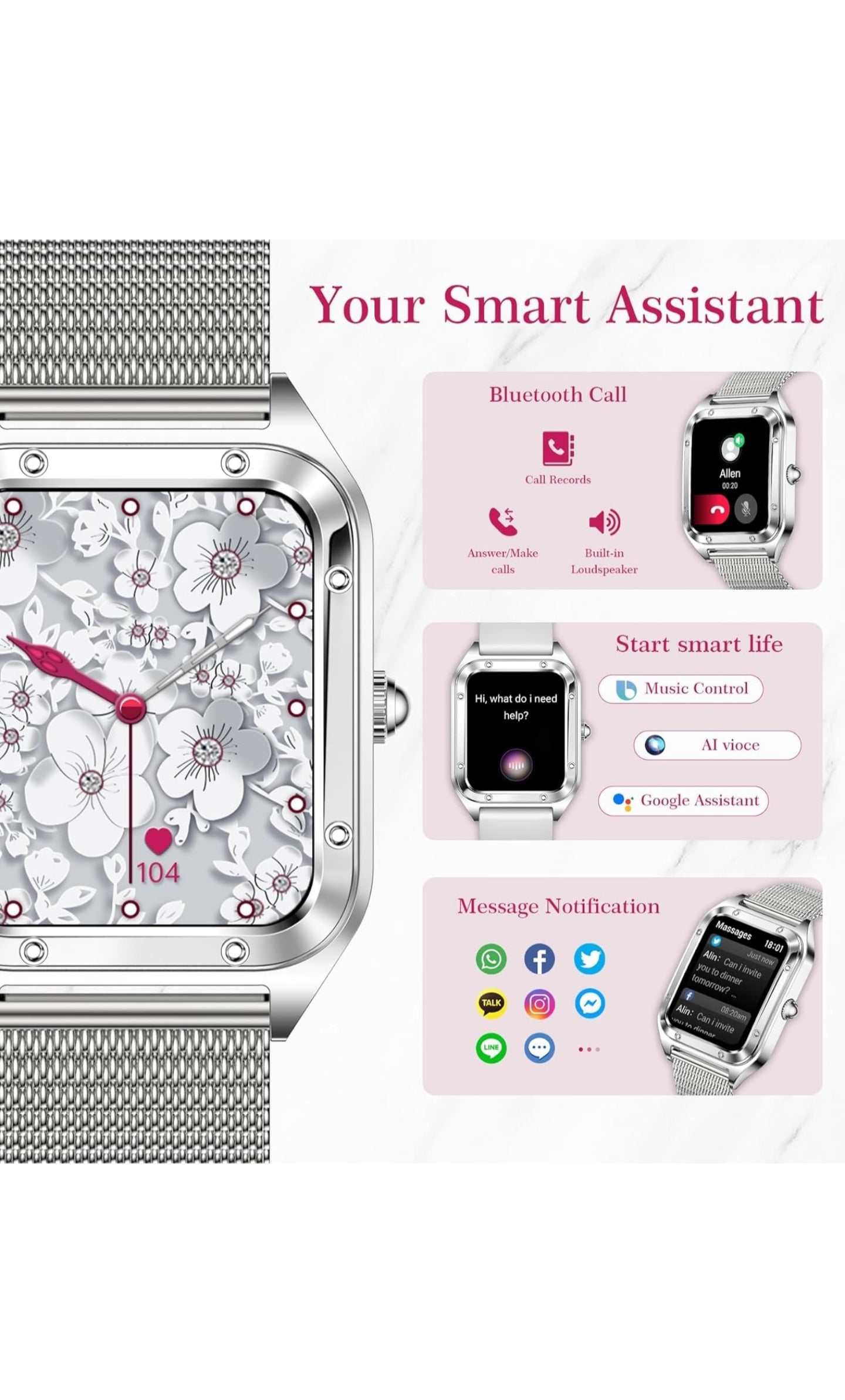 Betatree Damen Smartwatch, 1,6 Zoll Smartwatch mit Bluetooth-Anrufen, Fitness-Tracker mit 19 Sportmodi, Herzfrequenz, Schlafmonitor, Schrittzähler, wasserdichte Sportuhr für iOS Android Silver