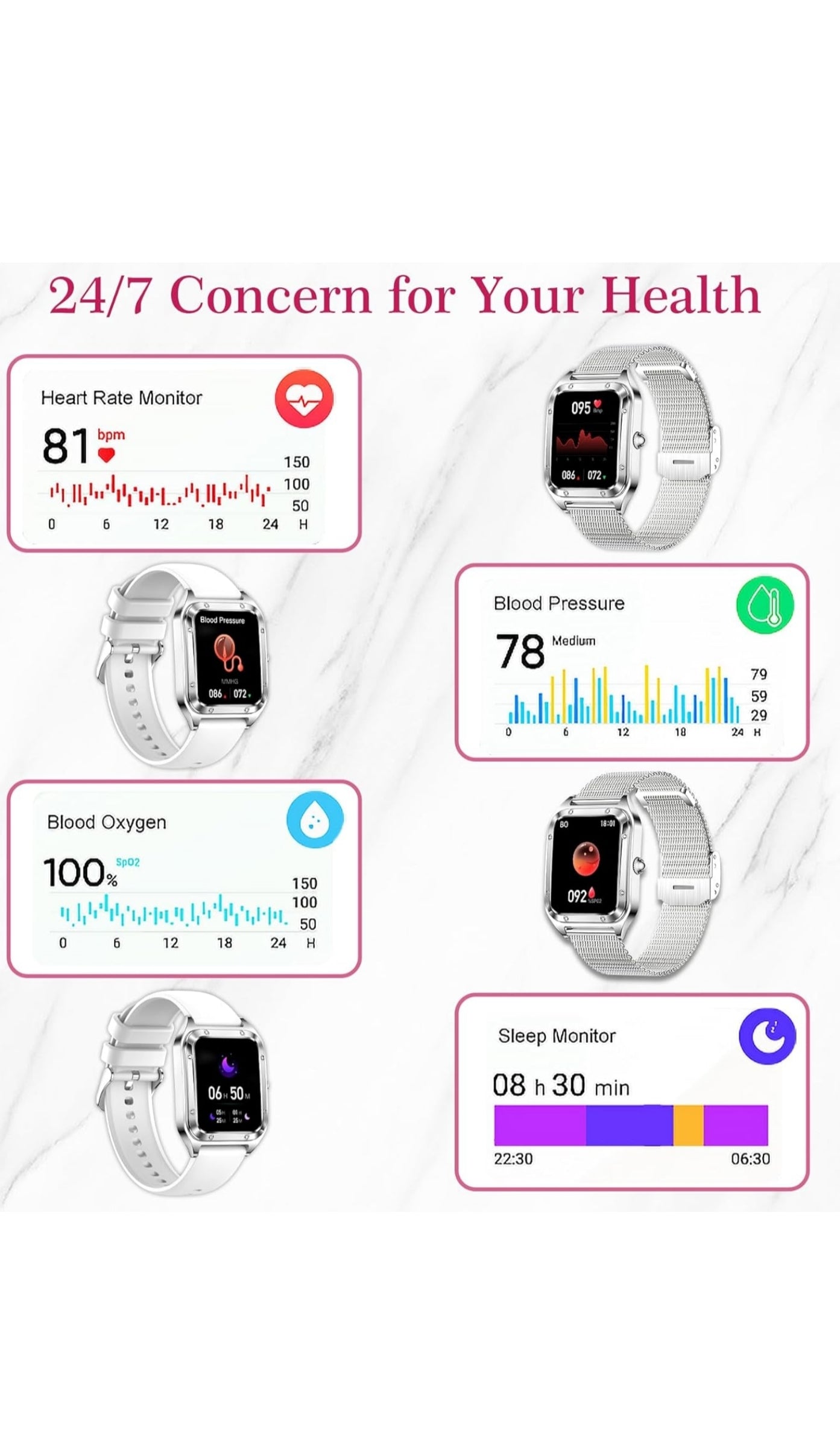 Betatree Damen Smartwatch, 1,6 Zoll Smartwatch mit Bluetooth-Anrufen, Fitness-Tracker mit 19 Sportmodi, Herzfrequenz, Schlafmonitor, Schrittzähler, wasserdichte Sportuhr für iOS Android Silver