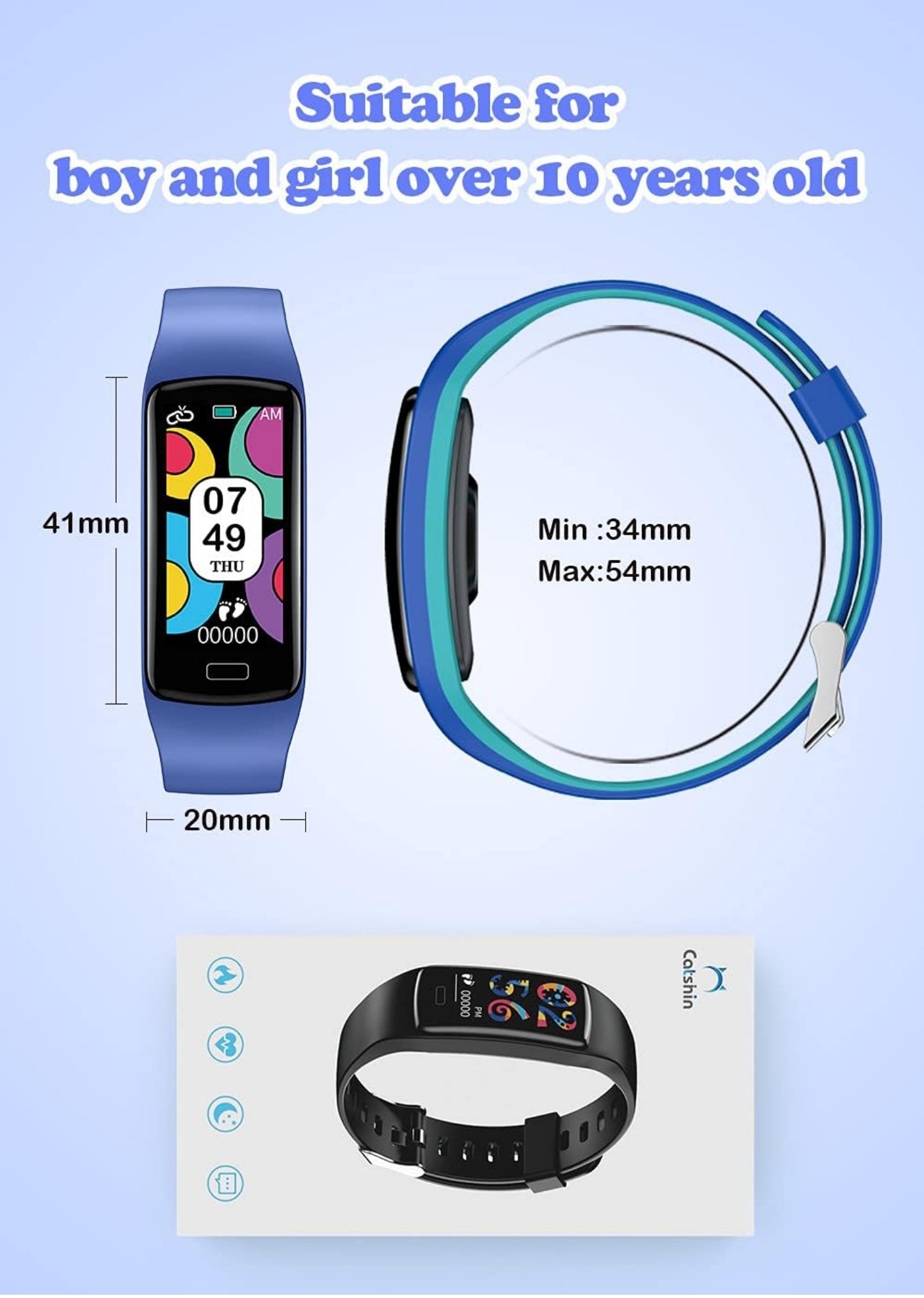 CatShin Smartwatch für Kinder - Fitnessuhr Kinder Mädchen Jungen Jugendlich Armbanduhr Uhren mit Schrittzähler Herzfrequenz Blutdruck Schlafmonitor Sportuhr Wecker Wasserdicht IP67