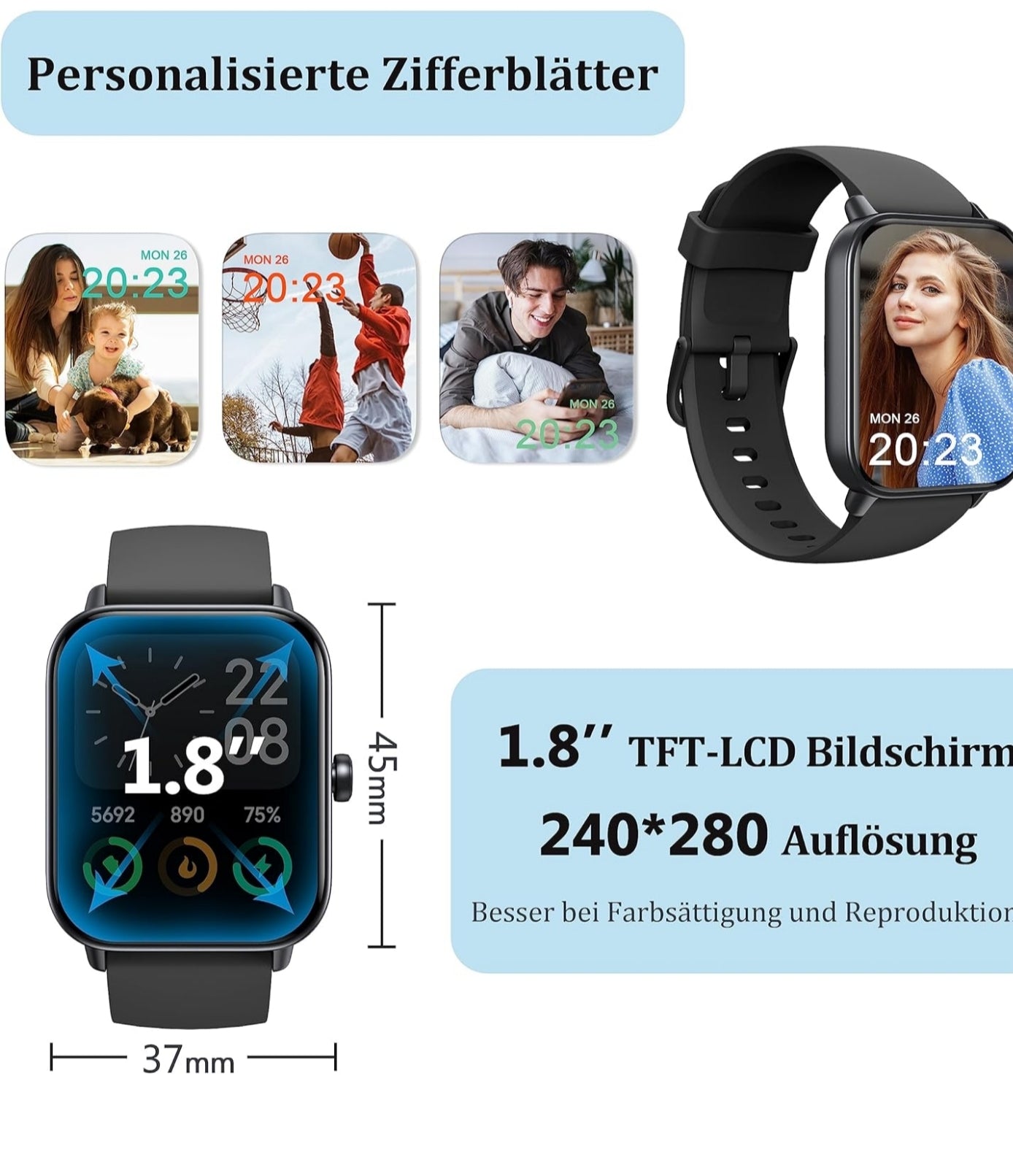 KALINCO Smartwatch für Damen Herren, Fitnessuhr 1.8 Zoll mit Telefonfunktion, Fitness Tracker Alexa Voice IP68 Wasserdicht,SpO2 Schlafmonitor Schrittzähler,Ganztägige Stresserkennung 100+ Sportmodi