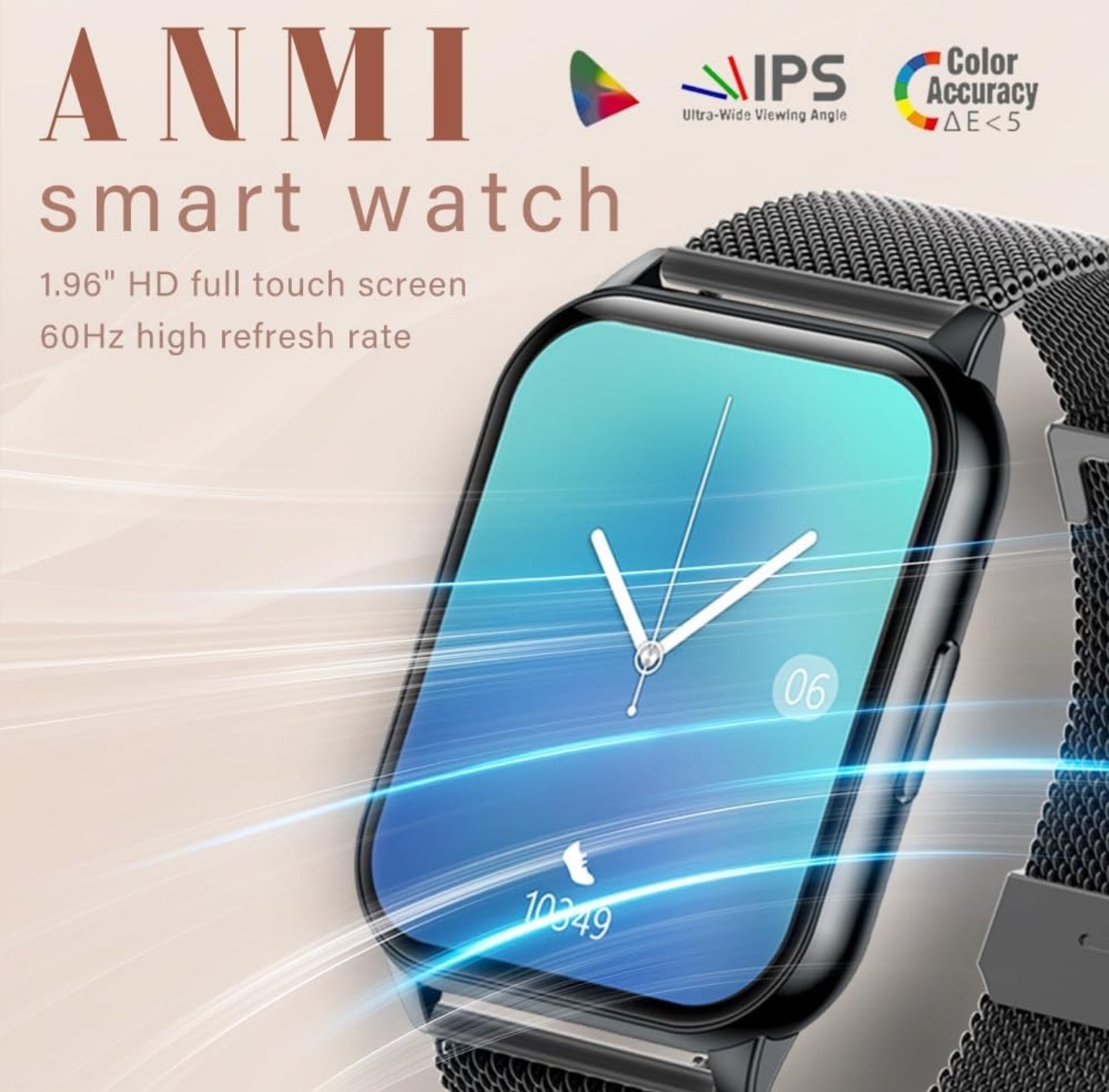 ANMI-Smartwatch für Herren und Damen mit Bluetooth-Anruf, 1,96 Zoll große Sport-Smartwatch mit Herzfrequenzmesser/Blutdruck/SpO2/Schrittzähler/Ton, Smartwatch für Android iOS