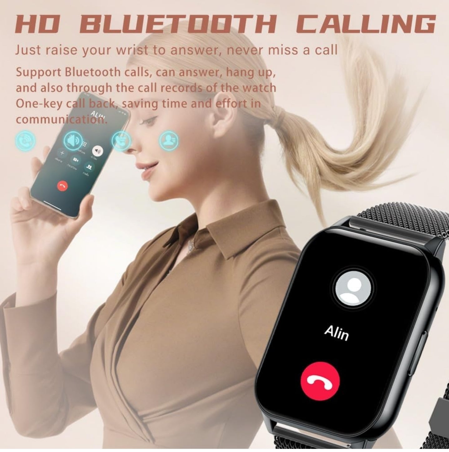 ANMI-Smartwatch für Herren und Damen mit Bluetooth-Anruf, 1,96 Zoll große Sport-Smartwatch mit Herzfrequenzmesser/Blutdruck/SpO2/Schrittzähler/Ton, Smartwatch für Android iOS