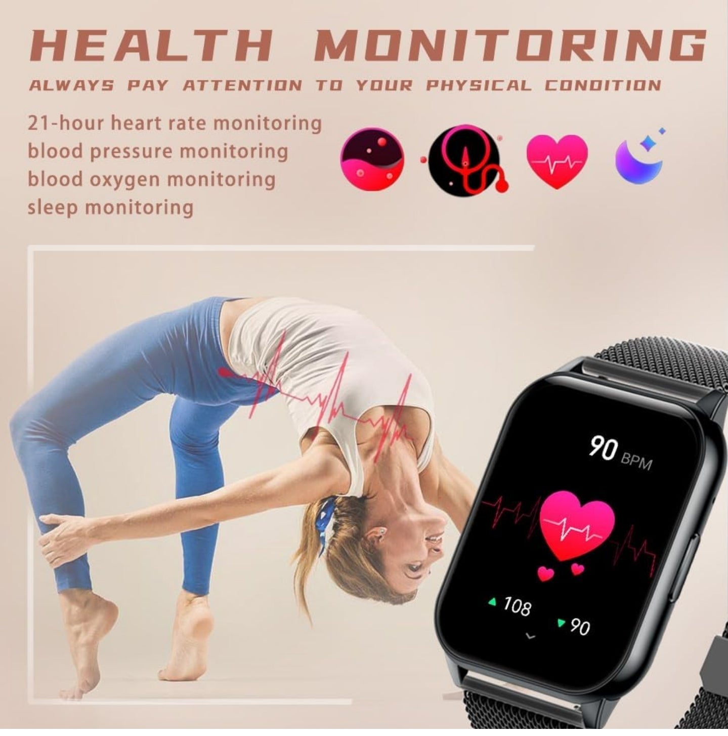 ANMI-Smartwatch für Herren und Damen mit Bluetooth-Anruf, 1,96 Zoll große Sport-Smartwatch mit Herzfrequenzmesser/Blutdruck/SpO2/Schrittzähler/Ton, Smartwatch für Android iOS