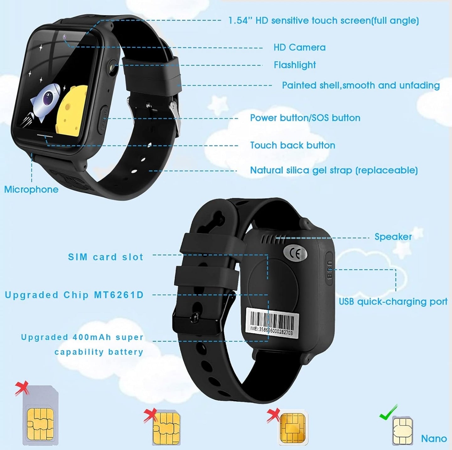 OKYUK Kinder-Smartwatch, Smart-Game-Uhr mit mehrere Funktionen verfügbar, Geburtstagsgeschenk für Jungen und Mädchen im Alter von 4–12 Jahren(A2 Schwarz)
