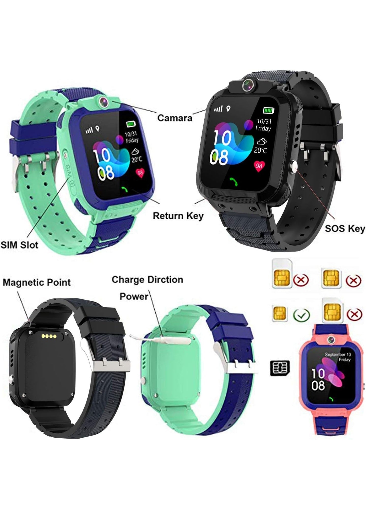 PTHTECHUS GPS Smartwatch Telefon für Kinder, 1,44'' LED Touch Digitalkamera Uhr Support Spiel, Wecker SOS Sprach Chat Smart Watch, Kindergeschenk 4-12 Jahre