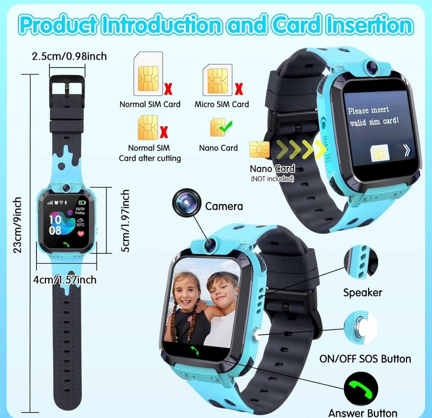 Kesasohe Kinder Smartwatch mit GPS und Telefon Voice Chat für Jungen Mädchen Geschenk, SOS IP67 Wasserdicht Spiel Kamera Wecker Touchscreen, Smartwatch mit SIM Karte(Blau)