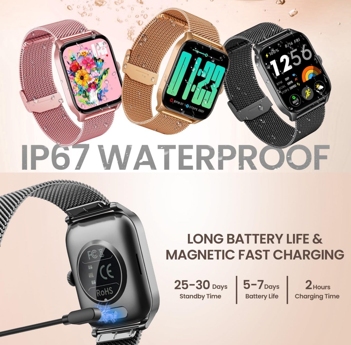 Smartwatch Hello Damen Herren Uhr Armbanduhr Fitnessuhr: Schwarz Smart Watch Damenuhr 1.83" Touchscreen mit Schrittzähler Blutdruck Wasserdicht Telefonfunktion Sportuhr Laufuhr Frauen Uhren Kompatibel Android iOS